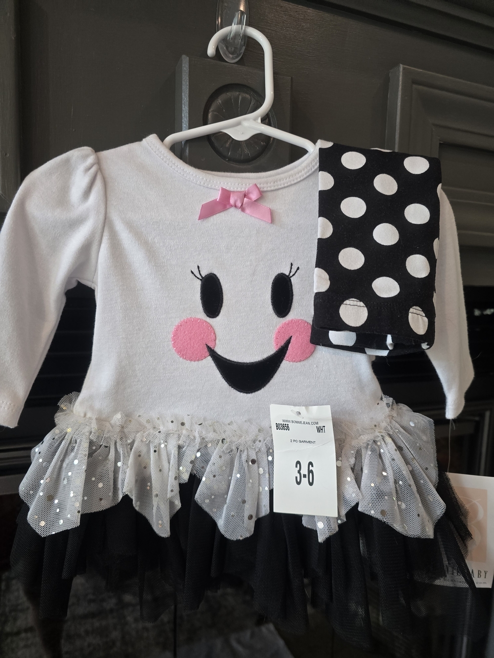 White & Black Smiley Ghost Tutu Costume with Pink Accents